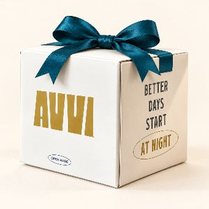 A white Avvi gift box tied with a teal ribbon