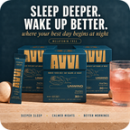 Three AVVI Unwind Mixed Berry boxes with a single stick pack and a glass of pink drink.