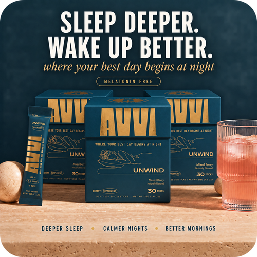Three AVVI Unwind Mixed Berry boxes with a single stick pack and a glass of pink drink.